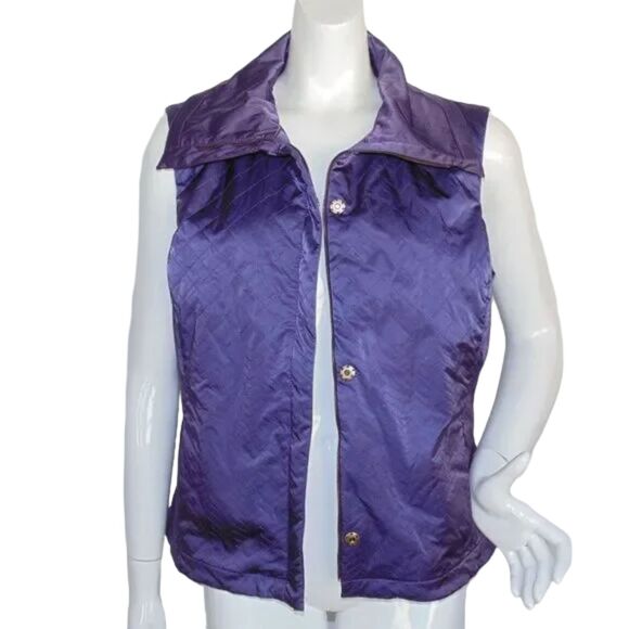 ST.JOHN SPORT Vest, L, Purple Quilted, Big Collar Zipper, Pockets - Picture 9 of 16